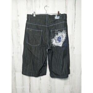 Vintage Y2K Evolution Jean Shorts Skater Baggy Wide Loose Embroidered Black 34
